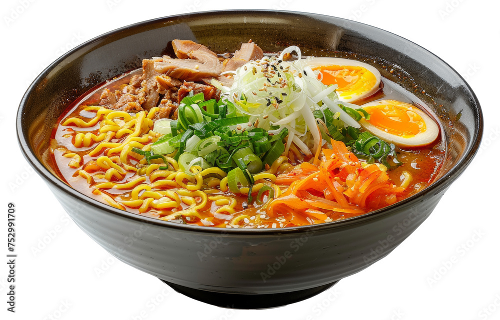 Flavorful spicy pork ramen with vegetables and seasoned broth in a ceramic bowl on transparent background - stock png.