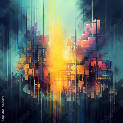 Abstract digital art with pixelated elements.