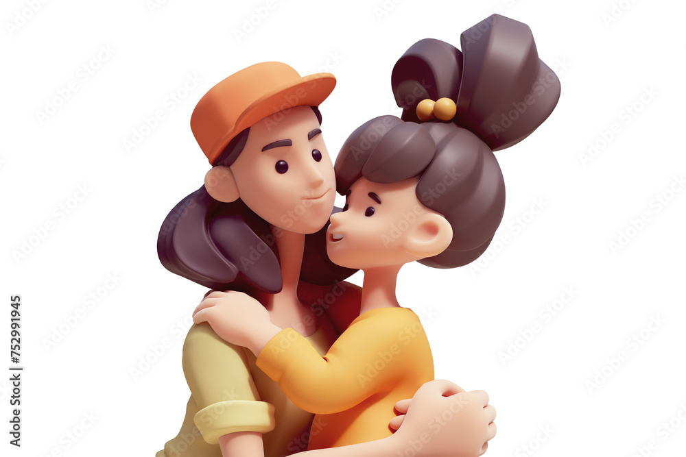 Portrait of cute kawaii excited asian smiling child girl hugs young mom. Mom and сheerful daughter in fashion casual green, yellow, clothes. Concept of friendly family. 3d render isolated transparent. Portrait of cute kawaii excited asian smiling child girl hugs young mom. Mom and сheerful daughter in fashion casual green, yellow, clothes. Concept of friendly family. 3d render isolated transparent.