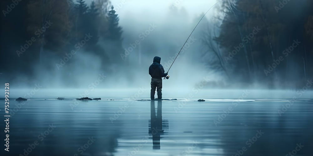 Early morning fisherman on a serene misty lake capturing peaceful outdoor fishing. Concept Fishing at Dawn, Serene Lake, Misty Morning, Outdoor Activities, Peaceful Reflections