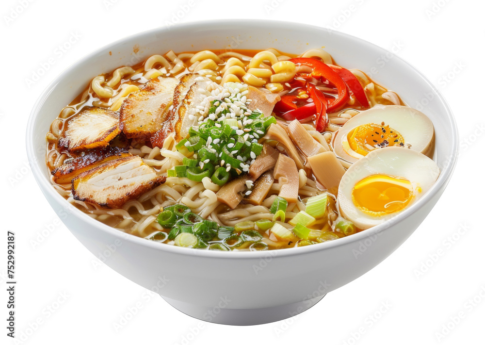 Hearty bowl of spicy ramen with soft-boiled egg and fresh garnishes on transparent background - stock png.