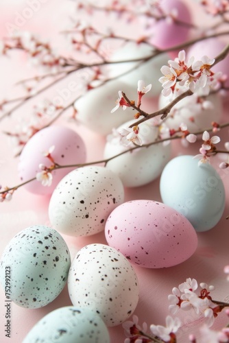 Easter themed card in light colors with colorful colored solid eggs, festive mood, Easter concept