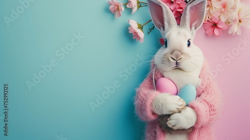 anthropomorphic human-shaped easter bunny charachter holding a bag on his shoulder fulled with easter eggs in dynamic position, blue and pink, decorative floral motifs