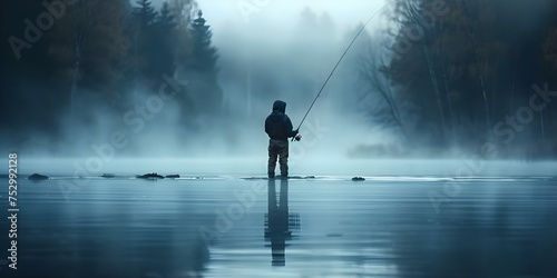 Early morning fisherman on a serene misty lake capturing peaceful outdoor fishing. Concept Fishing at Dawn, Serene Lake, Misty Morning, Outdoor Activities, Peaceful Reflections