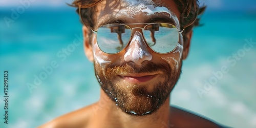 Hispanic man applying sunscreen on sunny beach day to protect skin. Concept Beach Day, Sun Protection, Skincare, Hispanic Man, Healthy Habits