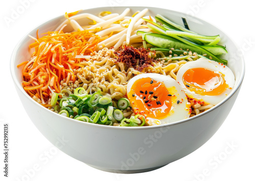 Spicy ramen noodles with egg and greens in white bowl on transparent background - stock png.