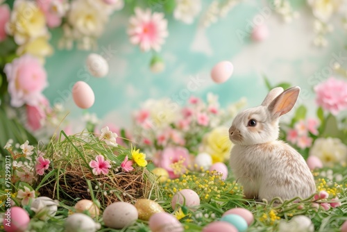 Easter Bliss: Bunny, Eggs, and Flowered Lawn Delight © nishihata