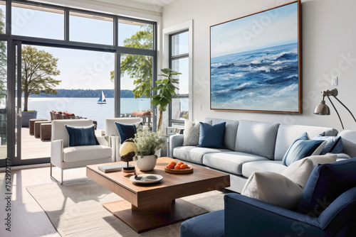 Nautical elegance meets summer warmth in a living space featuring coral accents  navy throw pillows  and panoramic windows that invite the beauty of the outdoors inside