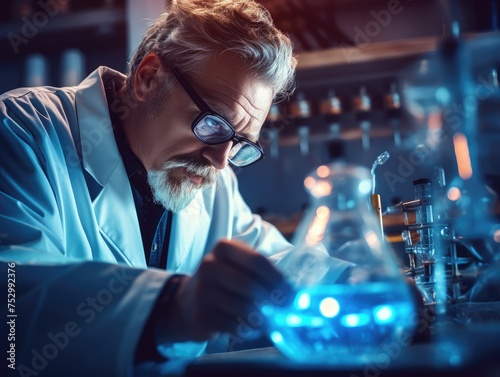 Senior Chemist Analyzing Glowing Substances in Lab