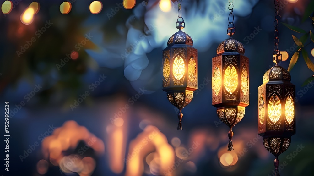 ramadan islamic greeting card of crescent moon decoration and lanterns with copy space area banner ramadan islamic greeting card of crescent moon decoration and lanterns with copy space area banner