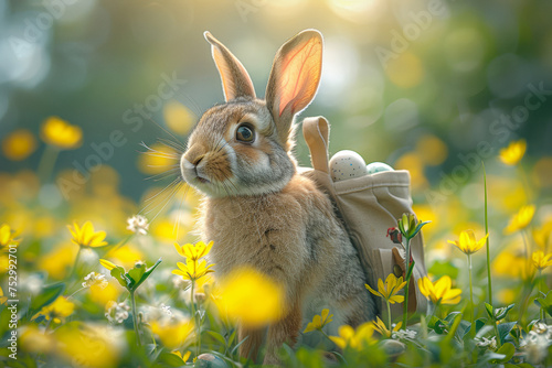 Niedlicher Osterhase mit Rucksack voller Eier sind auf einer morgendlichen Frühlingswiese.. Illustration - erzeugt mit Generative AI. © Countrypixel