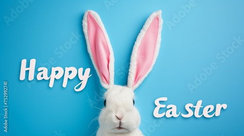 rabbit ears stick out with the text "Happy Easter" on a blue background © PATTERN & TEXTURES