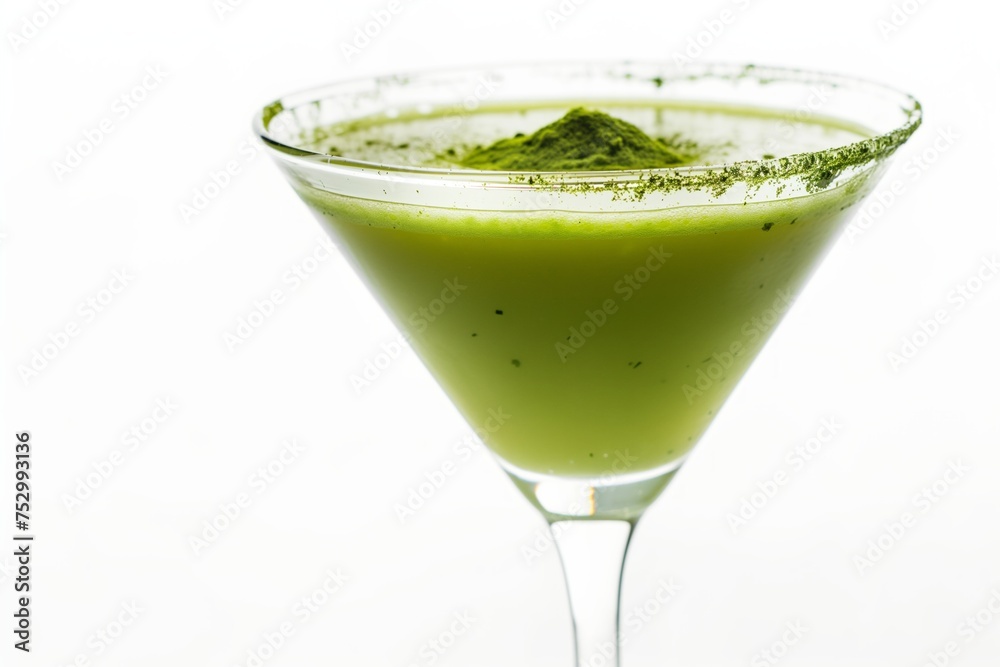 Iced Matcha Margarita cocktail in a glass with a slice of lime and matcha powder on side
