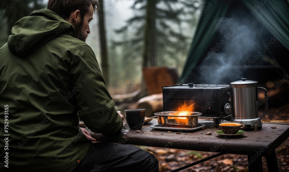 Man Preparing Meal on Camp Stove in Forest Man Preparing Meal on Camp Stove in Forest