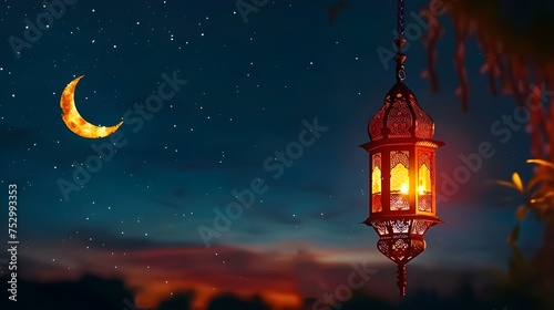 ramadan islamic greeting card of crescent moon decoration and lanterns with copy space area banner © Muzikitooo
