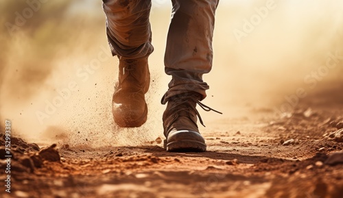 Hiker Walking on a Dusty Trail at Sunset