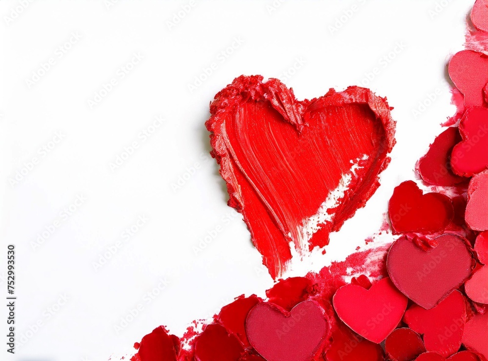 Red heart made with lipstick. Cosmetics background.