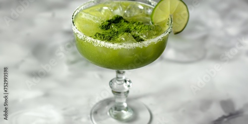 Chilled matcha Margarita drink with ice cubes and powdered matcha on top, on a gray surface photo