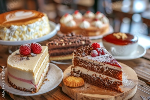 Wallpaper Mural Slices of delicious cakes on a wooden table in a coffee shop. slice of tasty cake with biscuit on top. Torontodigital.ca