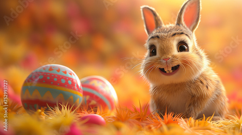 A cute bunny rabbit smiling with a colorful easter egg in an orange autumn background. Can be used as a postcard image, or poster to celebrate Easter Day. 