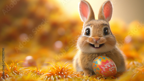 A cute bunny rabbit smiling with a colorful easter egg in an orange autumn background. Can be used as a postcard image, or poster to celebrate Easter Day. 