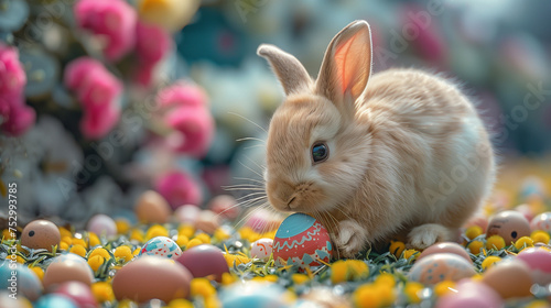 A cute bunny rabbit with colorful easter eggs in front of it in a fancy background and a sand field. Can be used as a postcard image, or poster to celebrate Easter Day. 