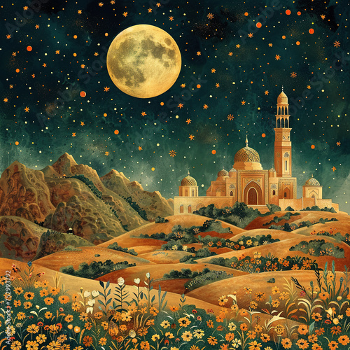 Beautiful islamic background with flowers, moon and mosque.