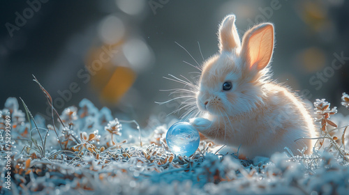 A cute bunny rabbit with a clear blue crystal ball on a grass yard in winter covered by snow. Can be used as a postcard image, or poster to celebrate Easter Day. 