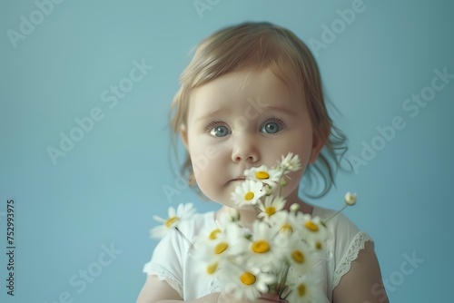 Against a backdrop of powder blue, the cutest little baby holds a small bouquet of daisies, creating a heartwarming scene of innocent floral charm.