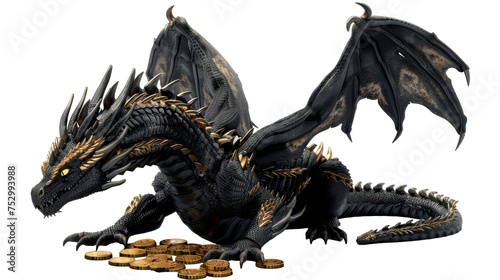 Black Dragon Sitting on Pile of Gold Coins - Transparent background, Cut out © Denys