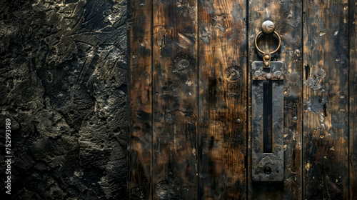 Vintage wooden door with antique iron lock
