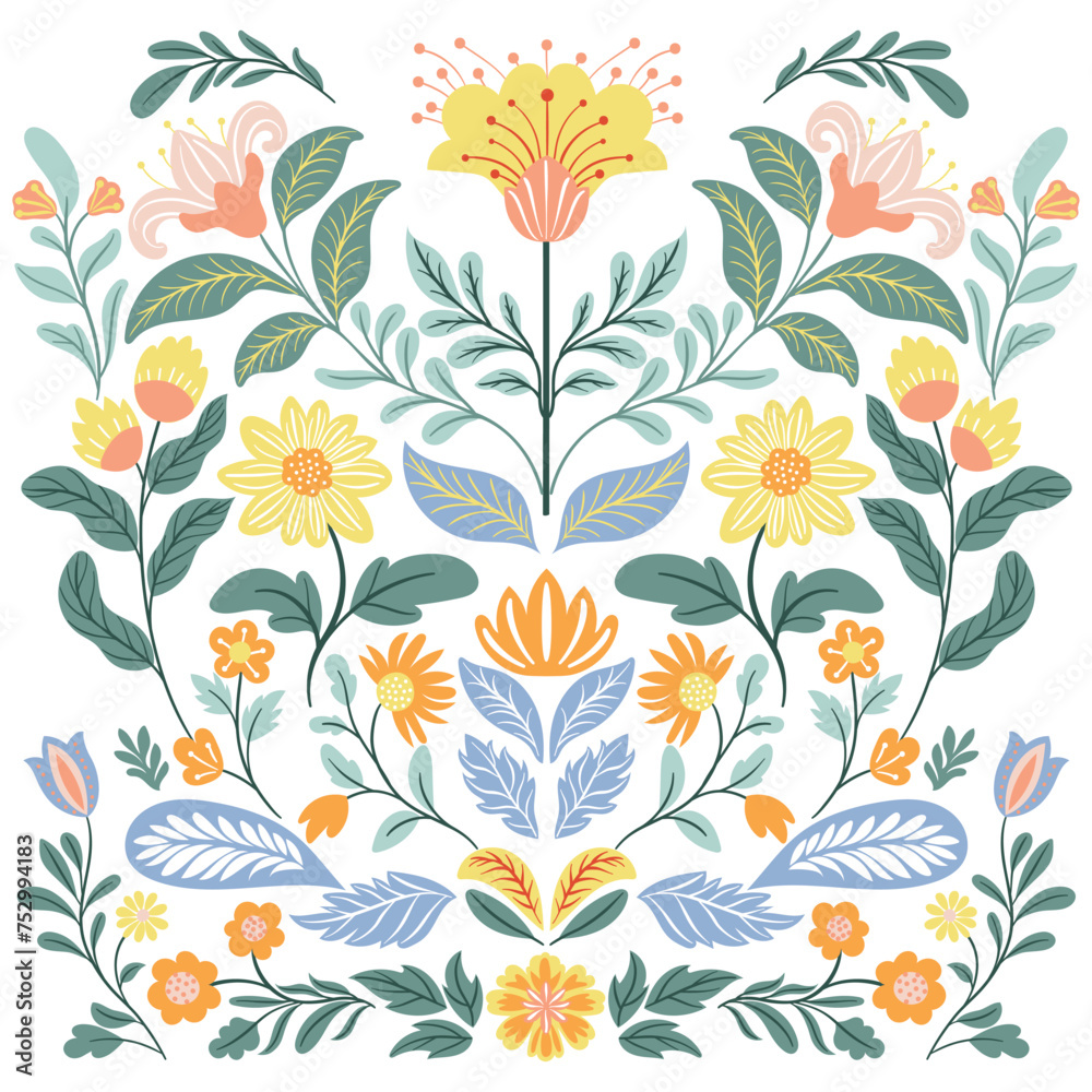 custom made wallpaper toronto digitalPostcard or poster made from folk art elements. Folk flora and fauna vector illustration isolated on white background. Hand drawn folk flowers. Scandinavian traditional motif