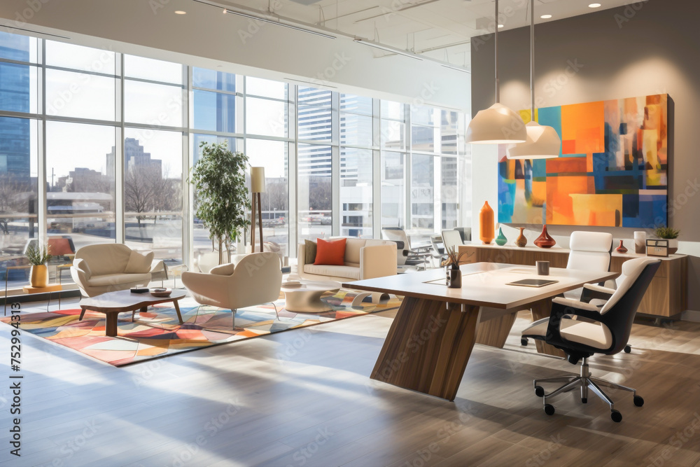 A contemporary office area with neutral tones and occasional pops of bold colors in ergonomic chairs and accent pieces, creating an inviting workspace.