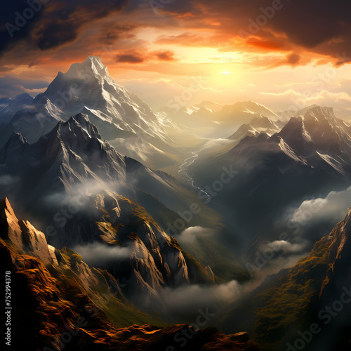 Dramatic mountain landscape during sunrise.