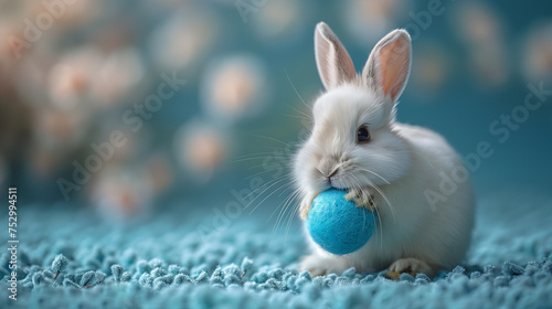 A cute bunny rabbit with the blue fluffy ball in the front in a background with flowers on a sand field. Can be used as a postcard image, or poster to celebrate Easter Day. 