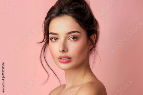 Beautiful fashion model with blue ayes on a light pink background. Beauty cosmetic shot.