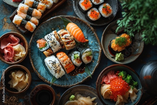 Sushi set on rustic background. Sushi rolls with salmon, tuna, eel, cucumber, cream cheese, ginger, wasabi and soy sauce