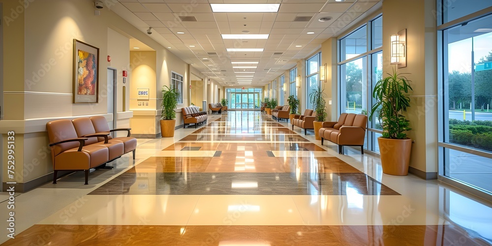 A modern hospital promoting a serene atmosphere with clean lines and soothing colors. Concept Modern Design, Healthcare, Serene Environment, Clean Lines, Soothing Colors