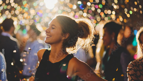 young woman dancing at a festival; colorful confetti photo