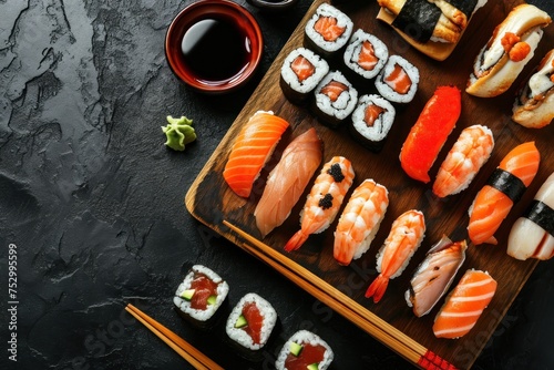 Sushi set on black stone background. Top view, flat lay. Japanese Cuisine Concept with Copy Space. Oriental Cuisine Concept.