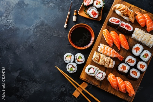 Sushi set on dark background, top view, copy space. Japanese Cuisine Concept with Copy Space. Oriental Cuisine Concept.