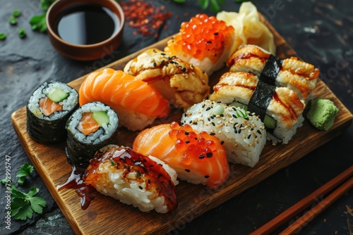 Traditional japanese sushi rolls on wooden board and chopsticks on dark background. Japanese Cuisine Concept with Copy Space. Oriental Cuisine Concept.
