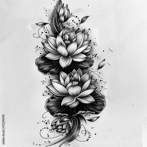 Water lotus flower. Tattoo sketch drawing. Japanese style