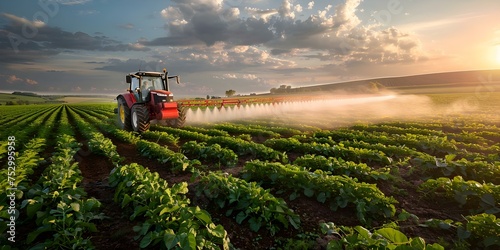 A hightech tractor treats crops in a scenic farm setting with pesticides. Concept Farming Technology  Pesticide Use  Crop Treatment  Agricultural Practices  Farming Environment