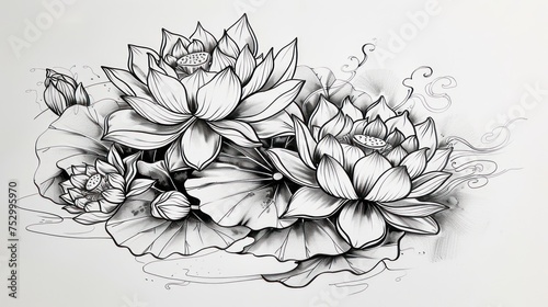 Water lotus flower. Tattoo sketch drawing. Japanese style