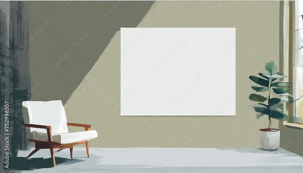 Fototapeta premium A large blank white painting on the wall in a minimalist room is a striking visual element.