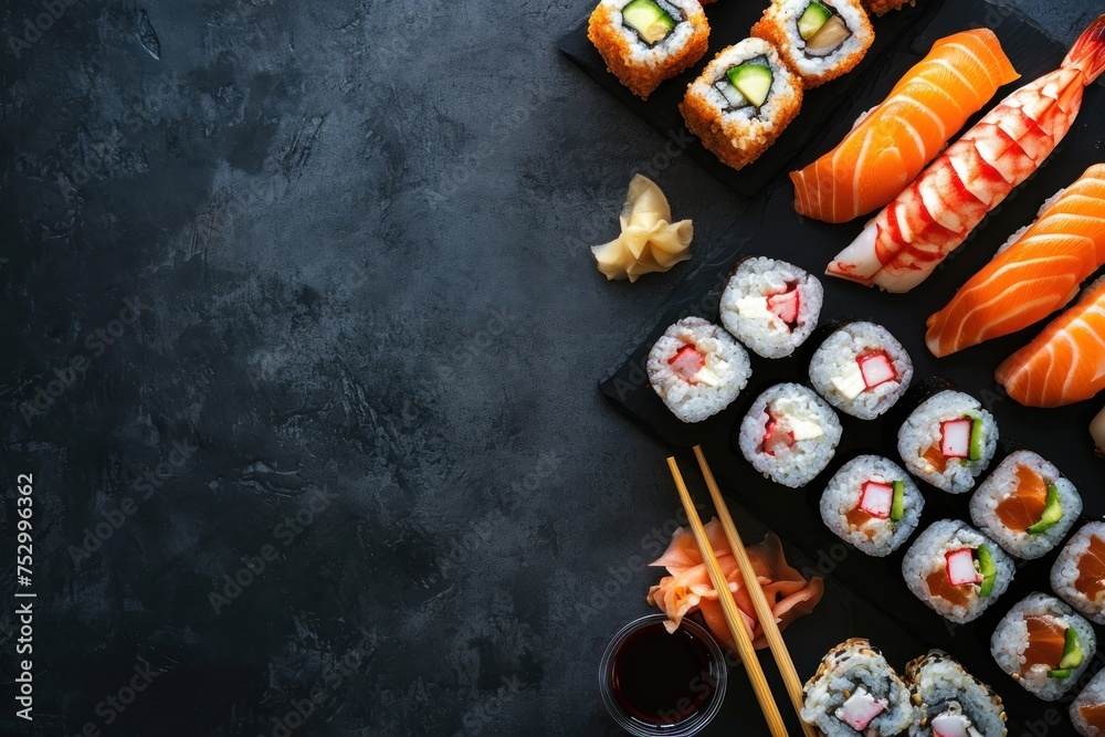 Set of sushi rolls on stone background. Top view with copy space. Japanese Cuisine Concept with Copy Space. Oriental Cuisine Concept.