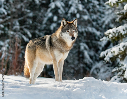 A lone wolf standing in a snowy clearing, its breath visible in the cold air, with a dense forest of snow-covered trees in the background © Verdiana