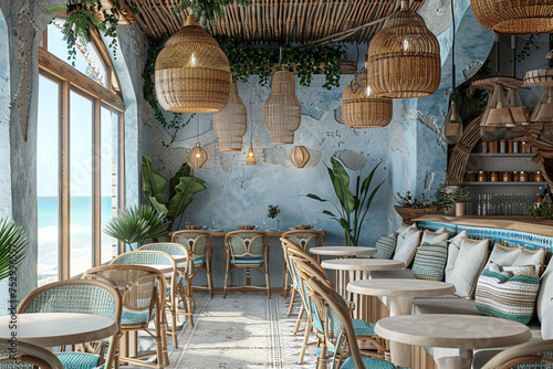 Beachside cafe interior with rattan light fixtures and ocean view photo