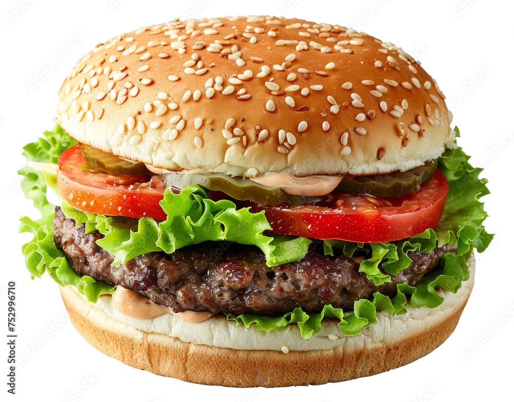 Classic cheeseburger with fresh lettuce and tomato on sesame seed bun on transparent background - stock png. Classic cheeseburger with fresh lettuce and tomato on sesame seed bun on transparent background - stock png.